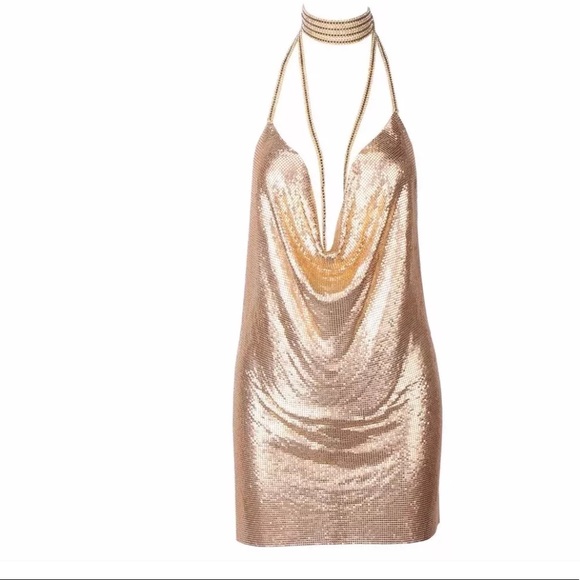 Gold mesh metallic dress choker halter glam club - Picture 4 of 4